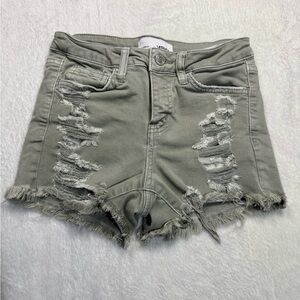 Olive Distressed Jean Shorts with Raw Hem